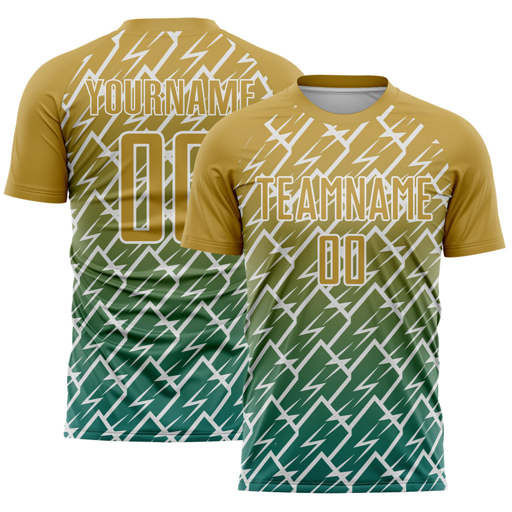 Custom Old Gold Teal-White Lightning Sports Sublimation Soccer Uniform Jersey