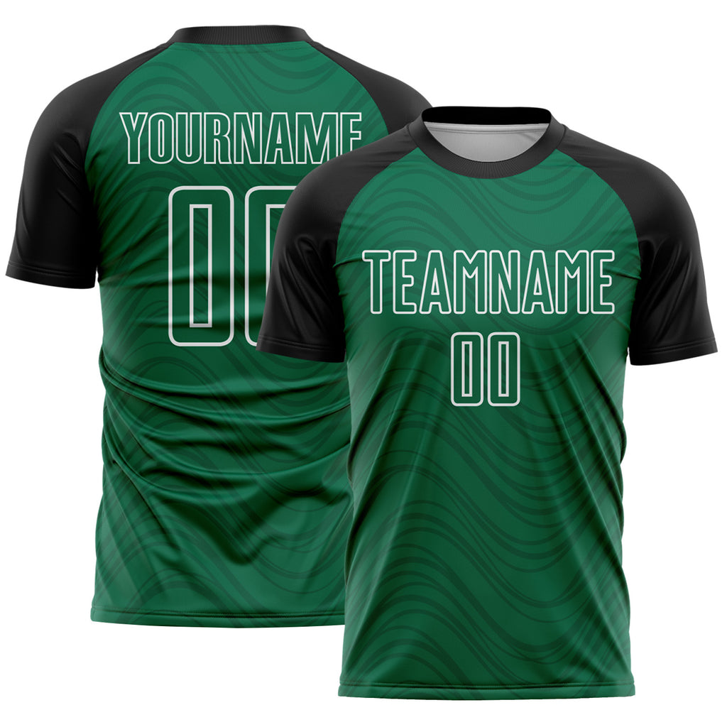 Custom Kelly Green Black-White Wavy Lines Sports Sublimation Soccer Uniform Jersey