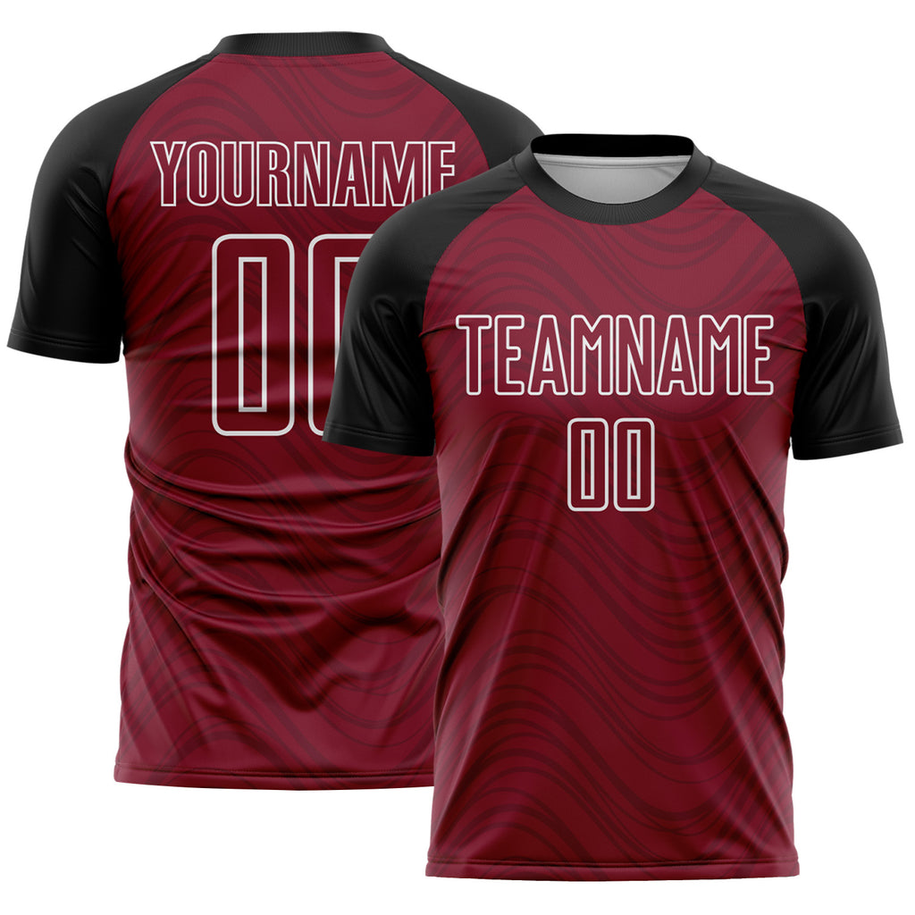 Custom Crimson Black-White Wavy Lines Sports Sublimation Soccer Uniform Jersey