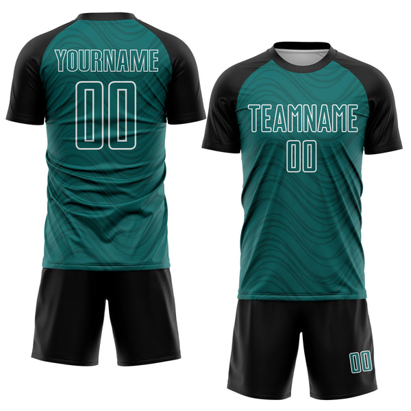 Custom Teal Black-White Wavy Lines Sports Sublimation Soccer Uniform Jersey