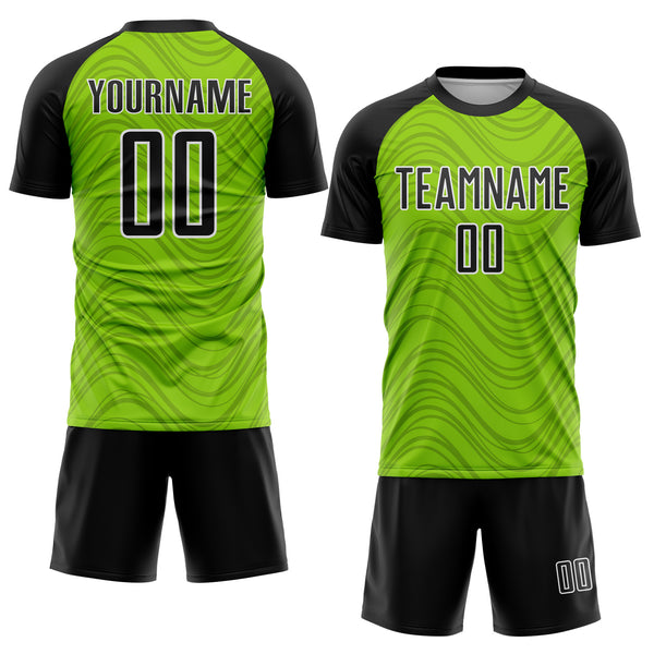Custom Neon Green Black-White Wavy Lines Sports Sublimation Soccer Uniform Jersey