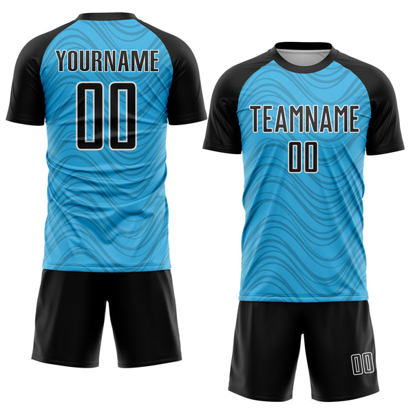 Custom Sky Blue Black-White Wavy Lines Sports Sublimation Soccer Uniform Jersey