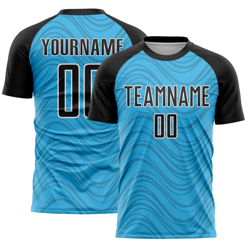 Custom Sky Blue Black-White Wavy Lines Sports Sublimation Soccer Uniform Jersey