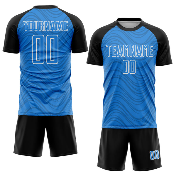 Custom Powder Blue Black-White Wavy Lines Sports Sublimation Soccer Uniform Jersey