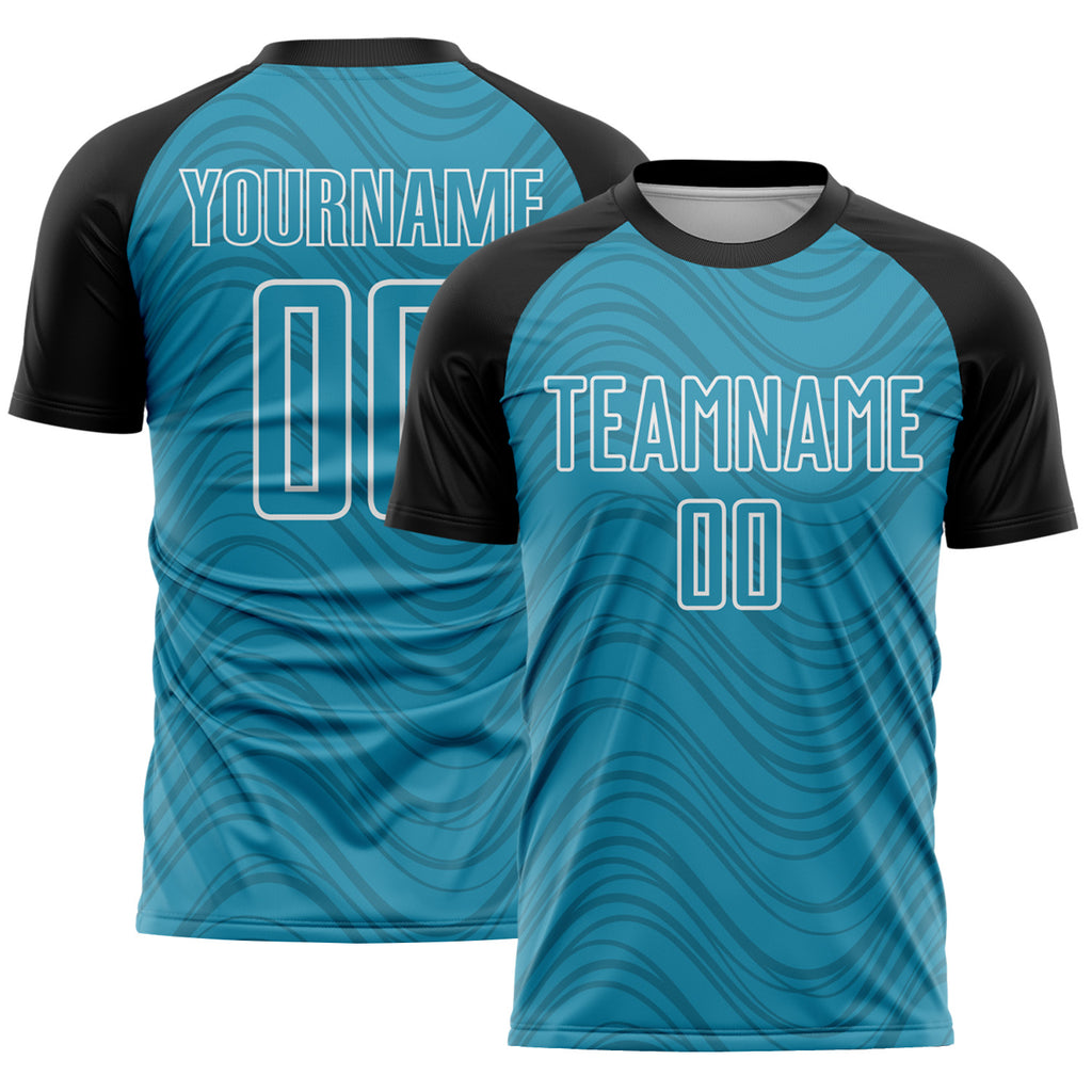 Custom Panther Blue Black-White Wavy Lines Sports Sublimation Soccer Uniform Jersey