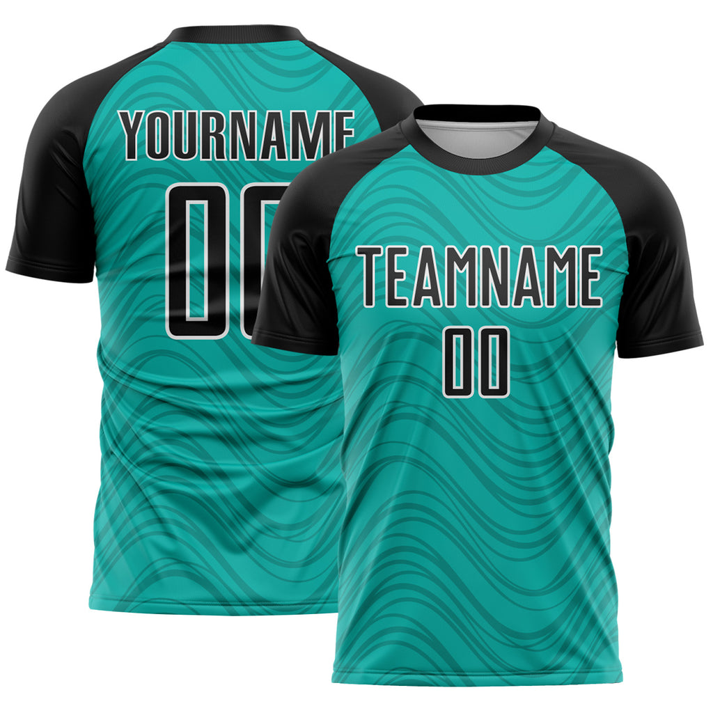 Custom Aqua Black-White Wavy Lines Sports Sublimation Soccer Uniform Jersey