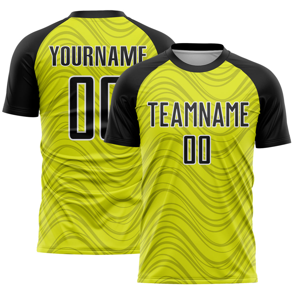 Custom Neon Yellow Black-White Wavy Lines Sports Sublimation Soccer Uniform Jersey