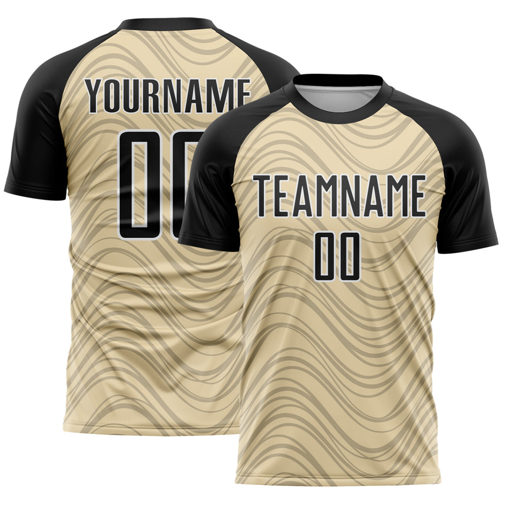 Custom Cream Black-White Wavy Lines Sports Sublimation Soccer Uniform Jersey