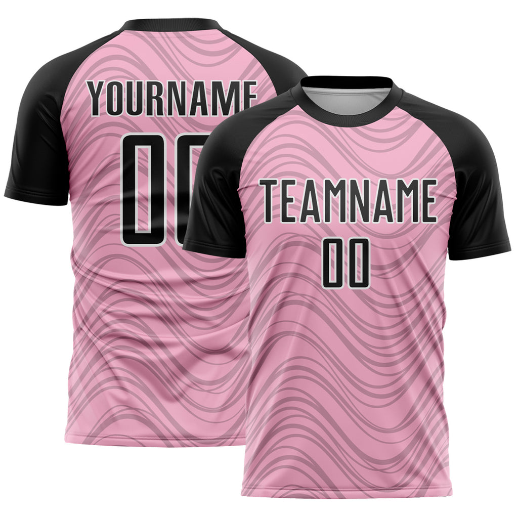 Custom Light Pink Black-White Wavy Lines Sports Sublimation Soccer Uniform Jersey