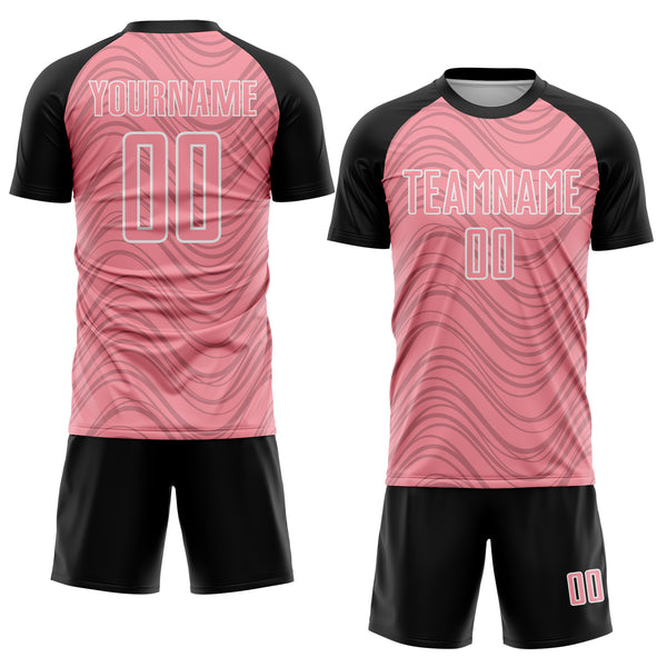 Custom Medium Pink Black-White Wavy Lines Sports Sublimation Soccer Uniform Jersey