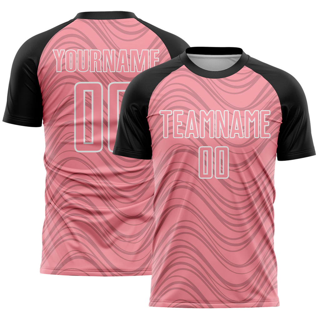 Custom Medium Pink Black-White Wavy Lines Sports Sublimation Soccer Uniform Jersey