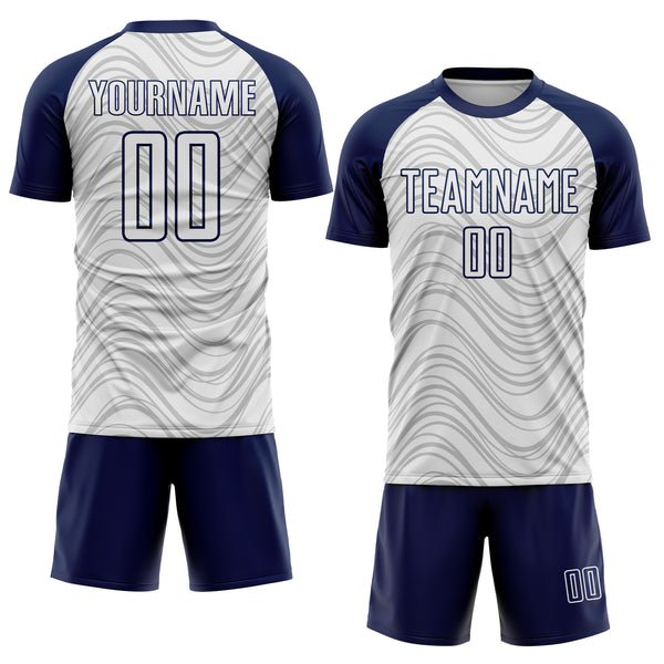 Custom White Navy Wavy Lines Sports Sublimation Soccer Uniform Jersey