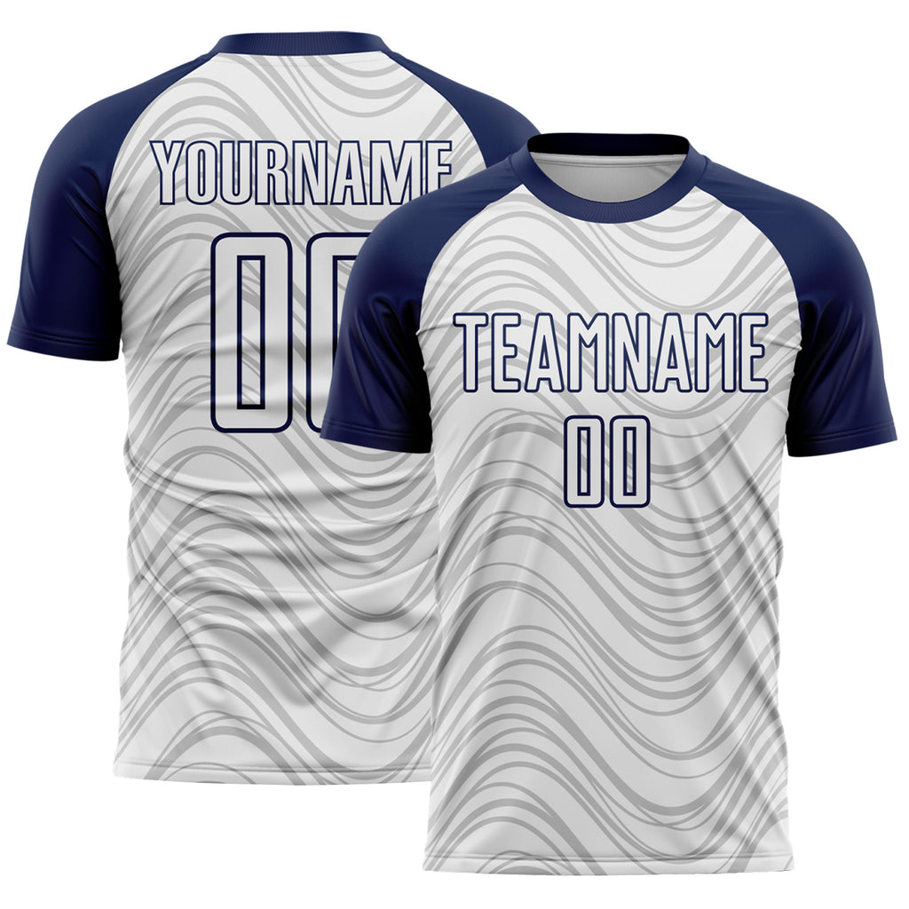 Custom White Navy Wavy Lines Sports Sublimation Soccer Uniform Jersey