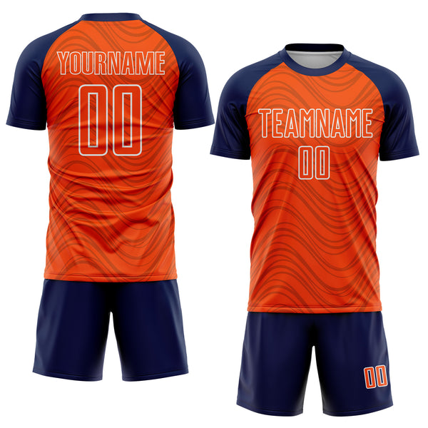 Custom Orange Navy-White Wavy Lines Sports Sublimation Soccer Uniform Jersey