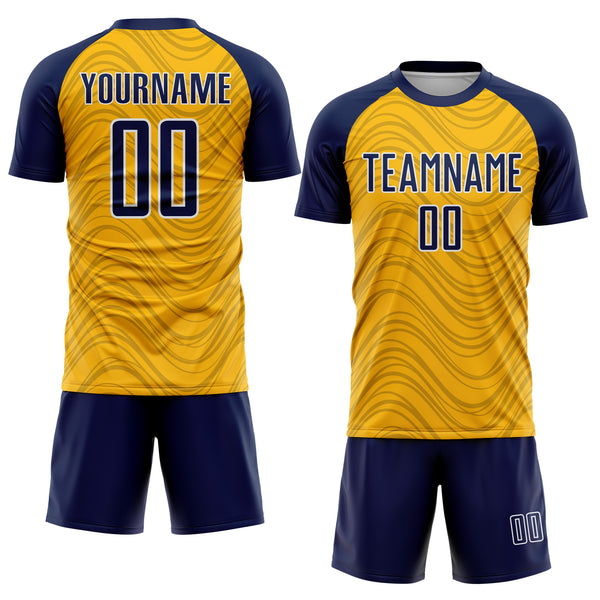 Custom Gold Navy-White Wavy Lines Sports Sublimation Soccer Uniform Jersey