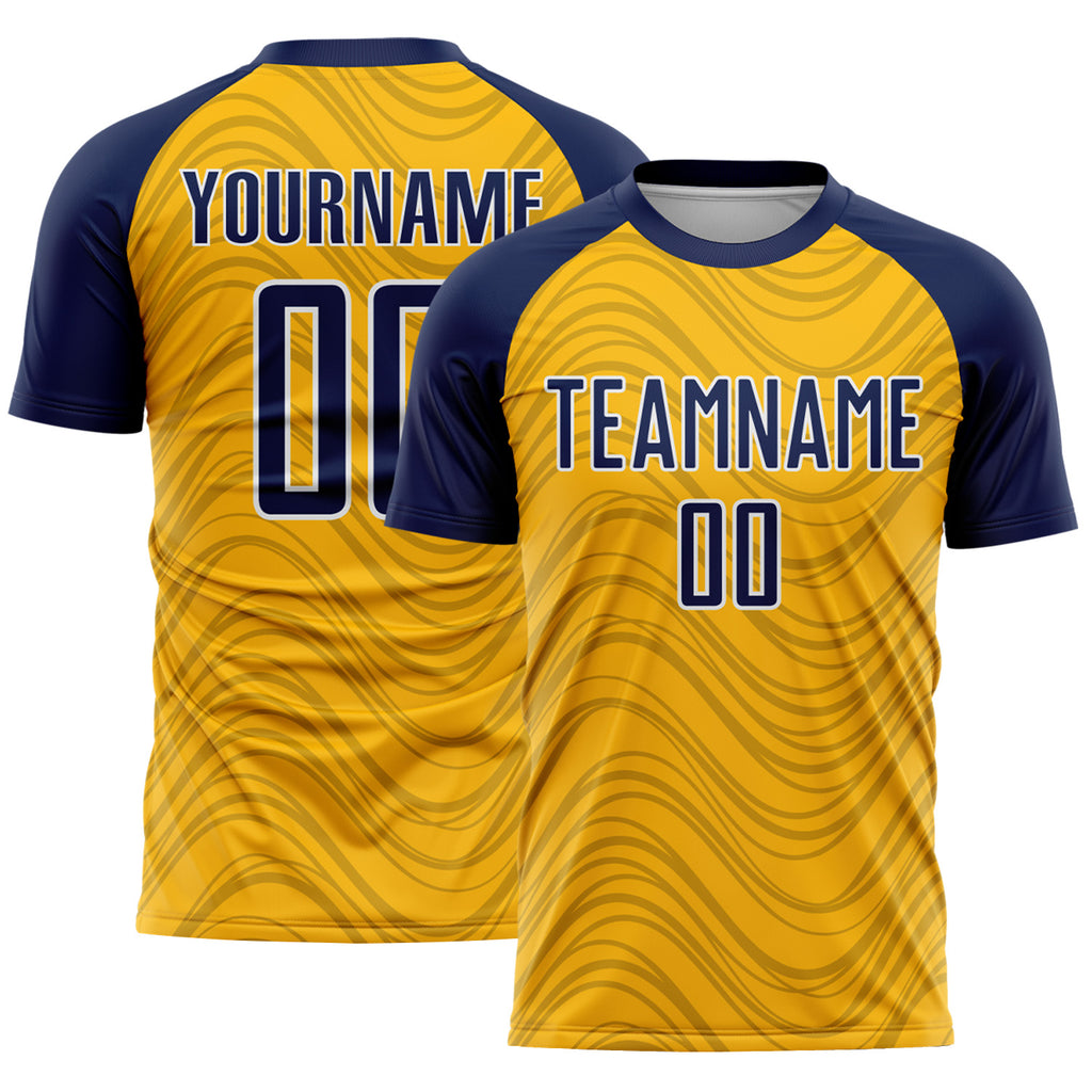 Custom Gold Navy-White Wavy Lines Sports Sublimation Soccer Uniform Jersey