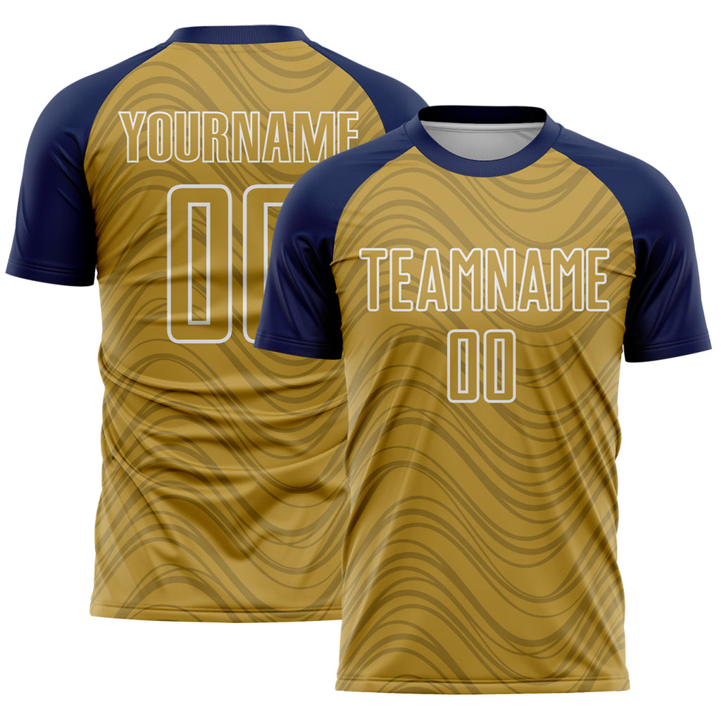 Custom Old Gold Navy-White Wavy Lines Sports Sublimation Soccer Uniform Jersey
