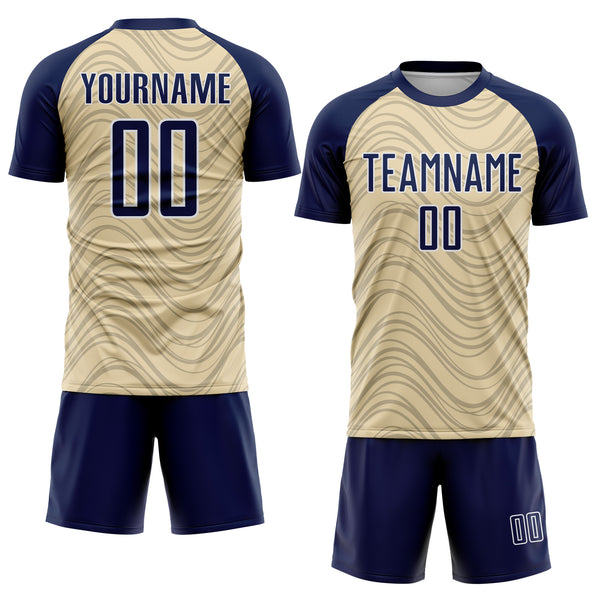 Custom Cream Navy-White Wavy Lines Sports Sublimation Soccer Uniform Jersey