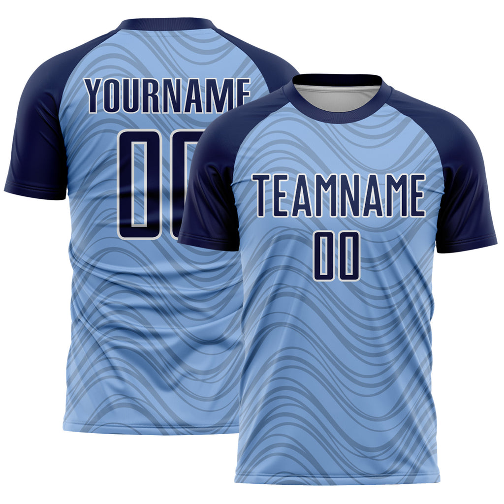 Custom Light Blue Navy-White Wavy Lines Sports Sublimation Soccer Uniform Jersey