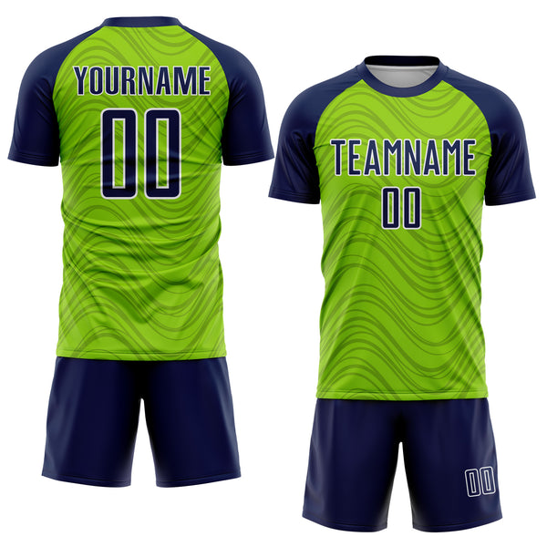 Custom Neon Green Navy-White Wavy Lines Sports Sublimation Soccer Uniform Jersey