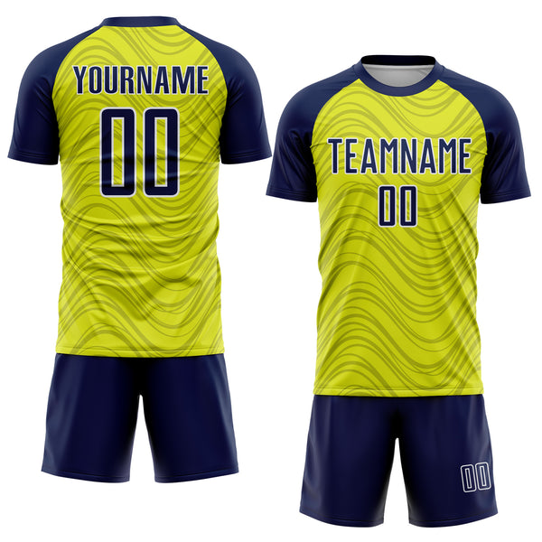 Custom Neon Yellow Navy-White Wavy Lines Sports Sublimation Soccer Uniform Jersey