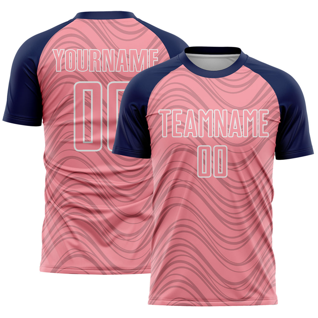 Custom Medium Pink Navy-White Wavy Lines Sports Sublimation Soccer Uniform Jersey