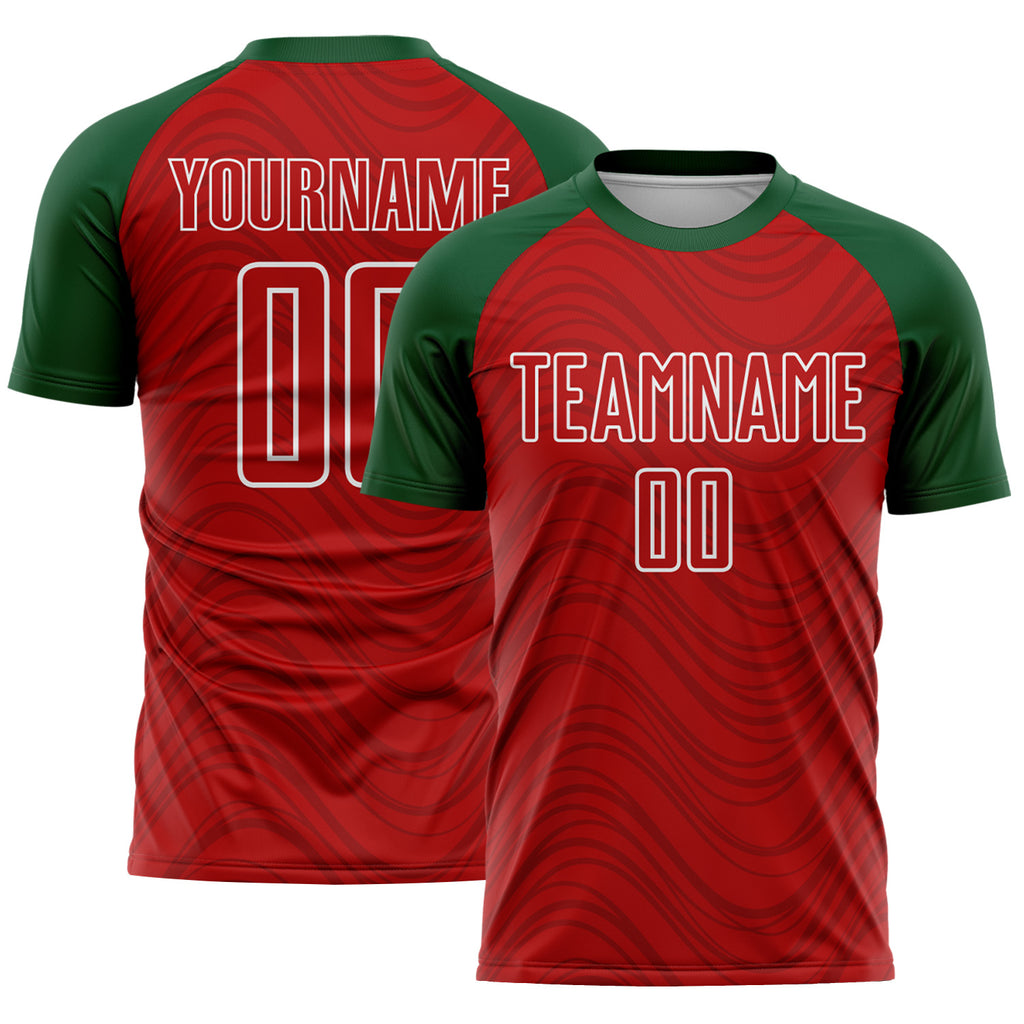 Custom Red Green-White Wavy Lines Sports Sublimation Soccer Uniform Jersey
