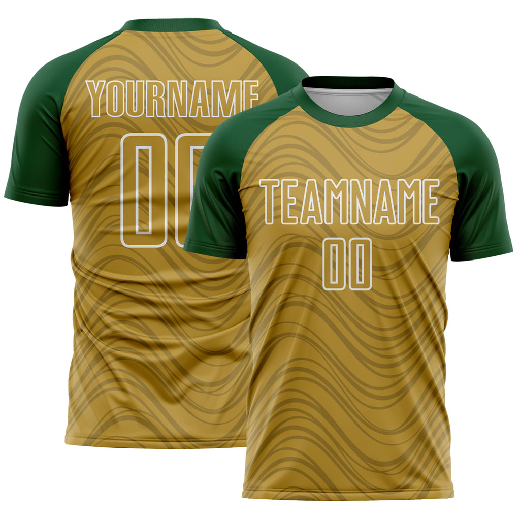 Custom Old Gold Green-White Wavy Lines Sports Sublimation Soccer Uniform Jersey