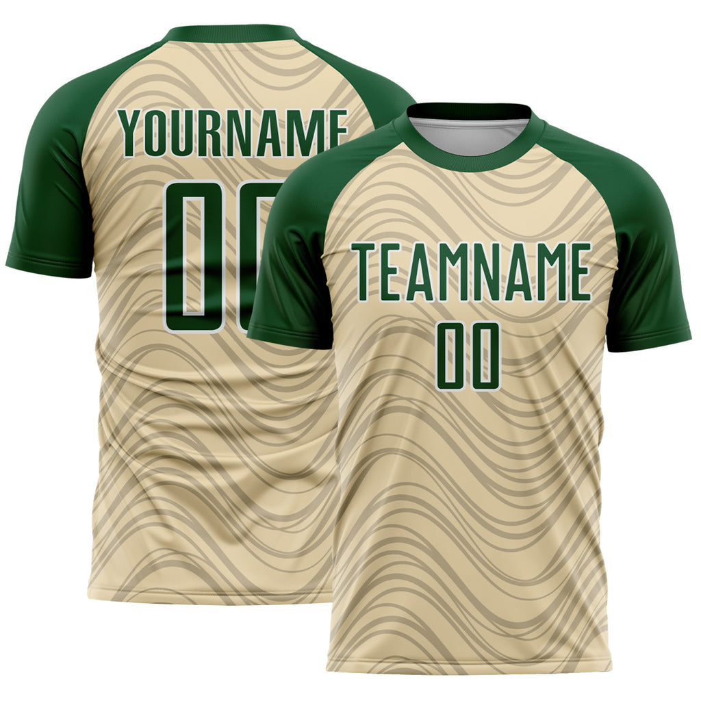 Custom Cream Green-White Wavy Lines Sports Sublimation Soccer Uniform Jersey