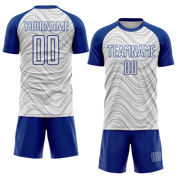 Custom White Royal Wavy Lines Sports Sublimation Soccer Uniform Jersey