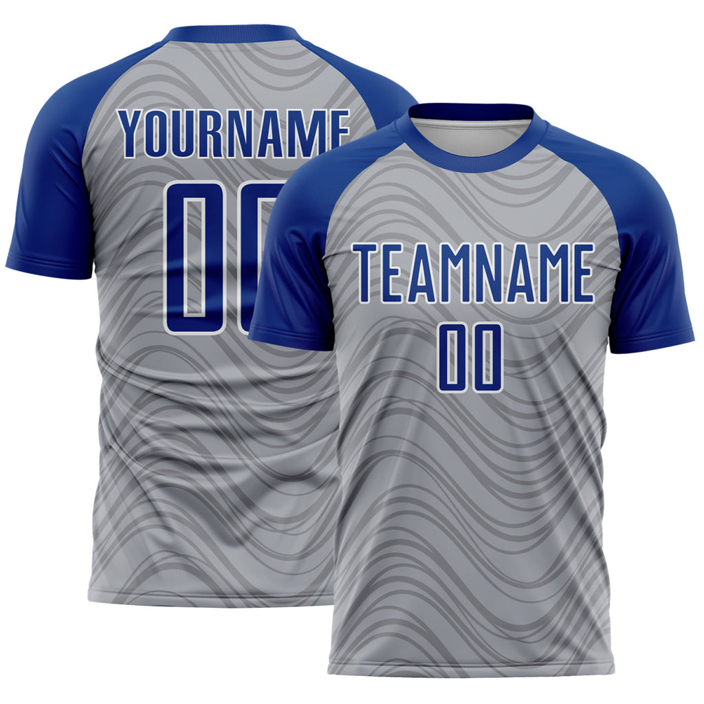 Custom Gray Royal-White Wavy Lines Sports Sublimation Soccer Uniform Jersey