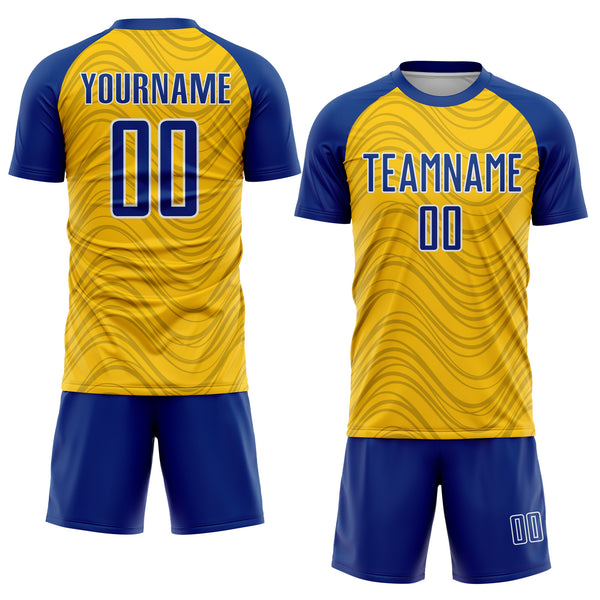 Custom Yellow Royal-White Wavy Lines Sports Sublimation Soccer Uniform Jersey