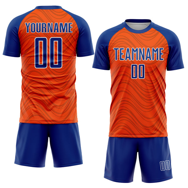 Custom Orange Royal-White Wavy Lines Sports Sublimation Soccer Uniform Jersey