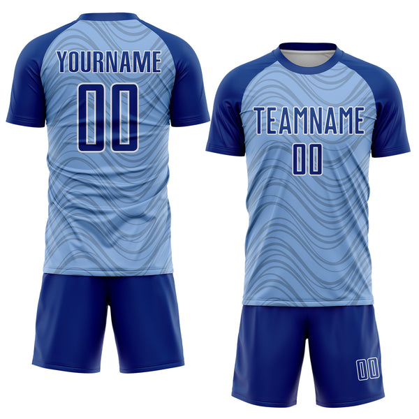 Custom Light Blue Royal-White Wavy Lines Sports Sublimation Soccer Uniform Jersey