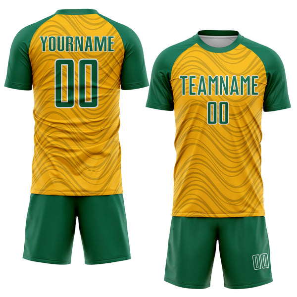 Custom Gold Kelly Green-White Wavy Lines Sports Sublimation Soccer Uniform Jersey