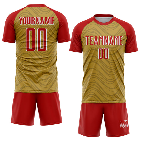 Custom Old Gold Red-White Wavy Lines Sports Sublimation Soccer Uniform Jersey