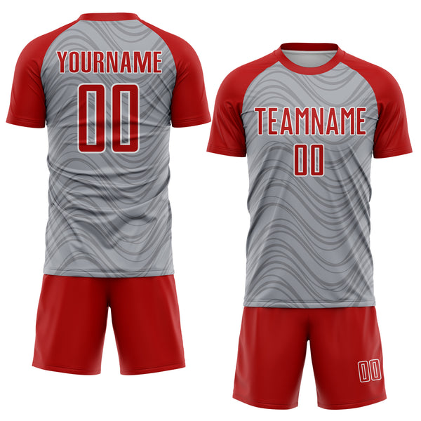 Custom Gray Red-White Wavy Lines Sports Sublimation Soccer Uniform Jersey
