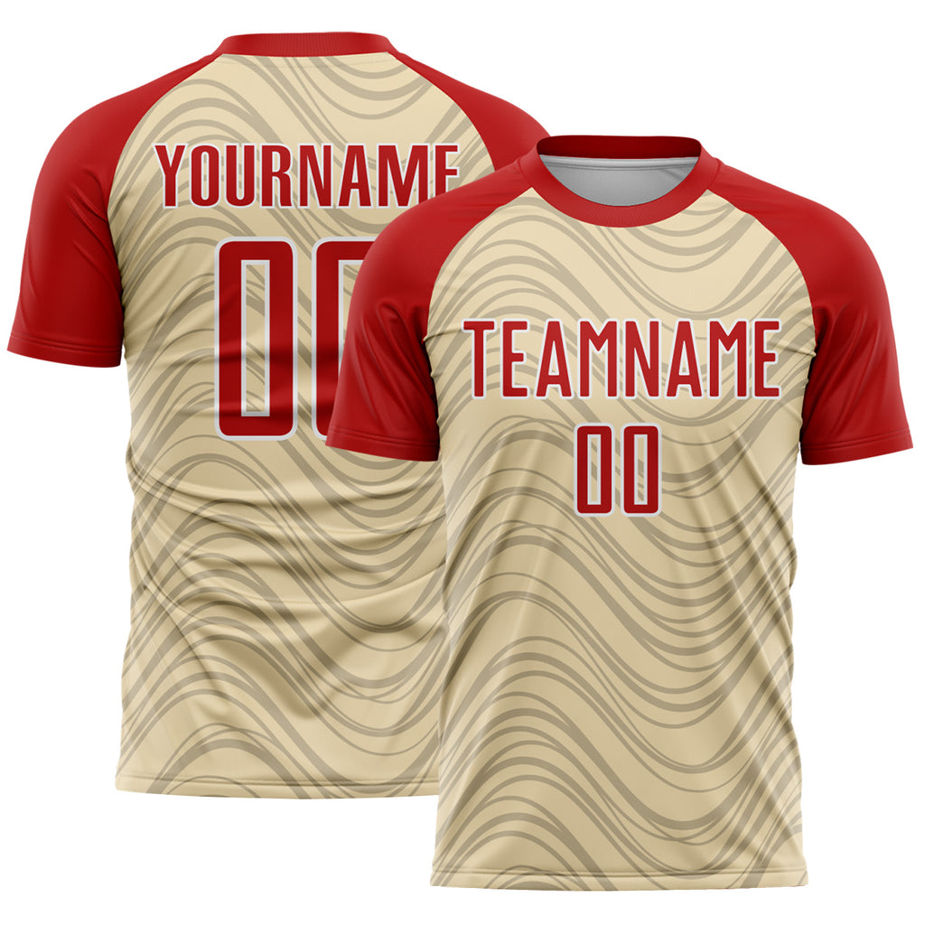 Custom Cream Red-White Wavy Lines Sports Sublimation Soccer Uniform Jersey