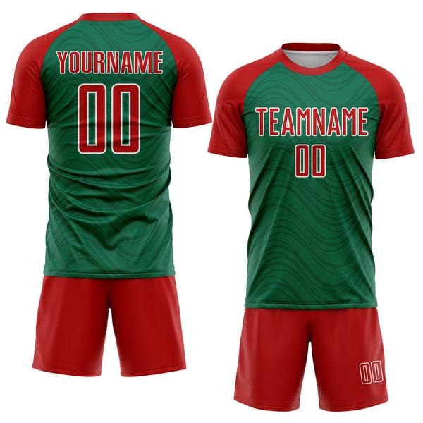Custom Kelly Green Red-White Wavy Lines Sports Sublimation Soccer Uniform Jersey