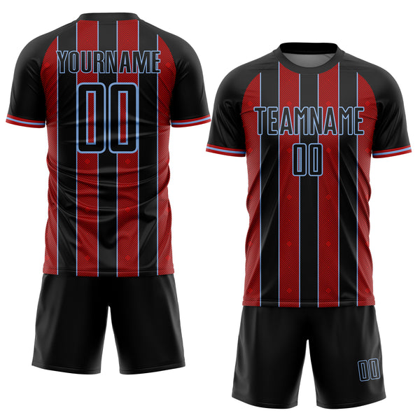 Custom Black Red-Light Blue Pinstripe Line Sports Sublimation Soccer Uniform Jersey