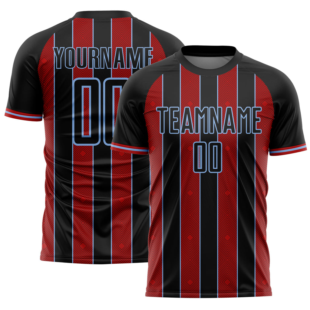 Custom Black Red-Light Blue Pinstripe Line Sports Sublimation Soccer Uniform Jersey