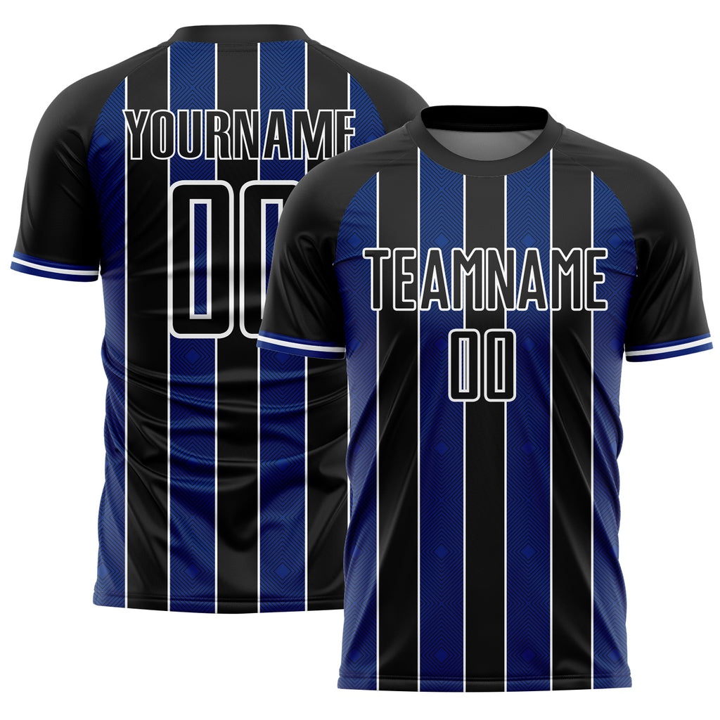 Custom Black Royal-White Pinstripe Line Sports Sublimation Soccer Uniform Jersey