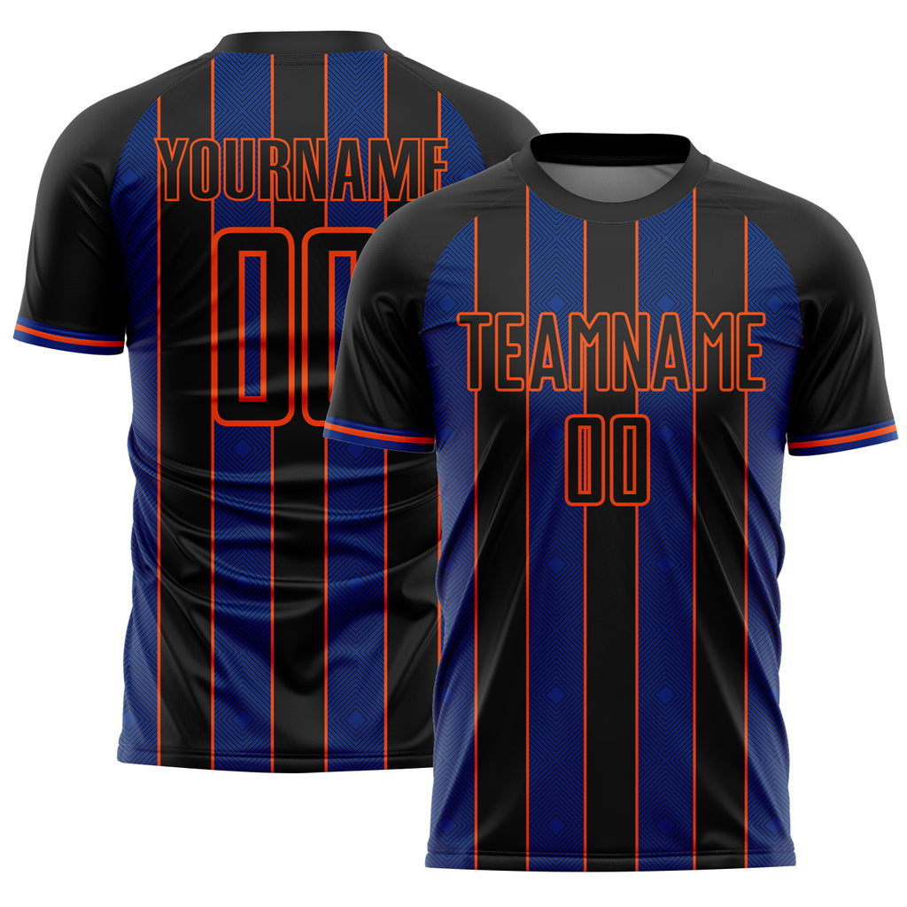 Custom Black Royal-Orange Pinstripe Line Sports Sublimation Soccer Uniform Jersey