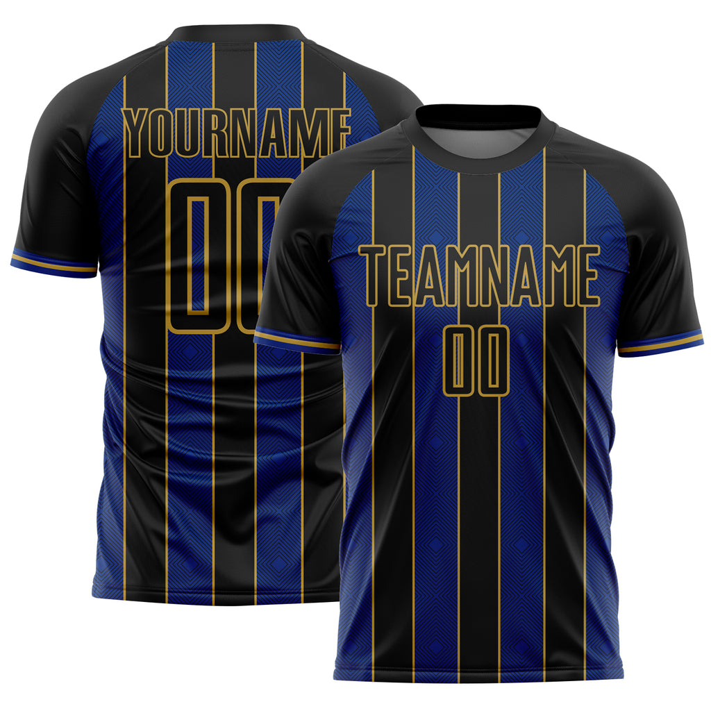 Custom Black Royal-Old Gold Pinstripe Line Sports Sublimation Soccer Uniform Jersey