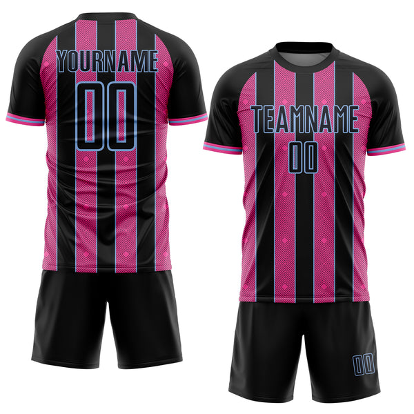 Custom Black Pink-Light Blue Pinstripe Line Sports Sublimation Soccer Uniform Jersey