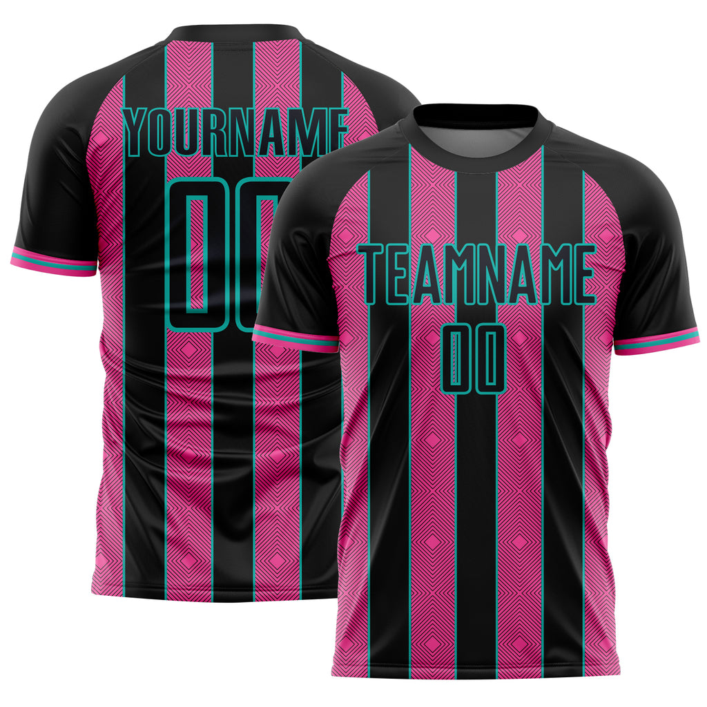 Custom Black Pink-Aqua Pinstripe Line Sports Sublimation Soccer Uniform Jersey