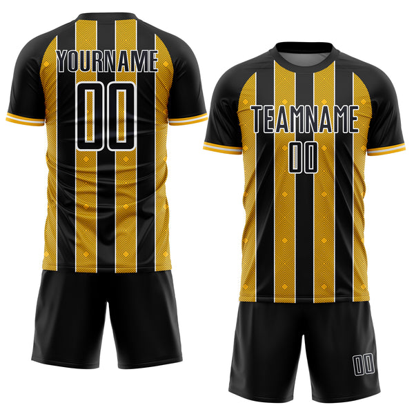 Custom Black Gold-White Pinstripe Line Sports Sublimation Soccer Uniform Jersey