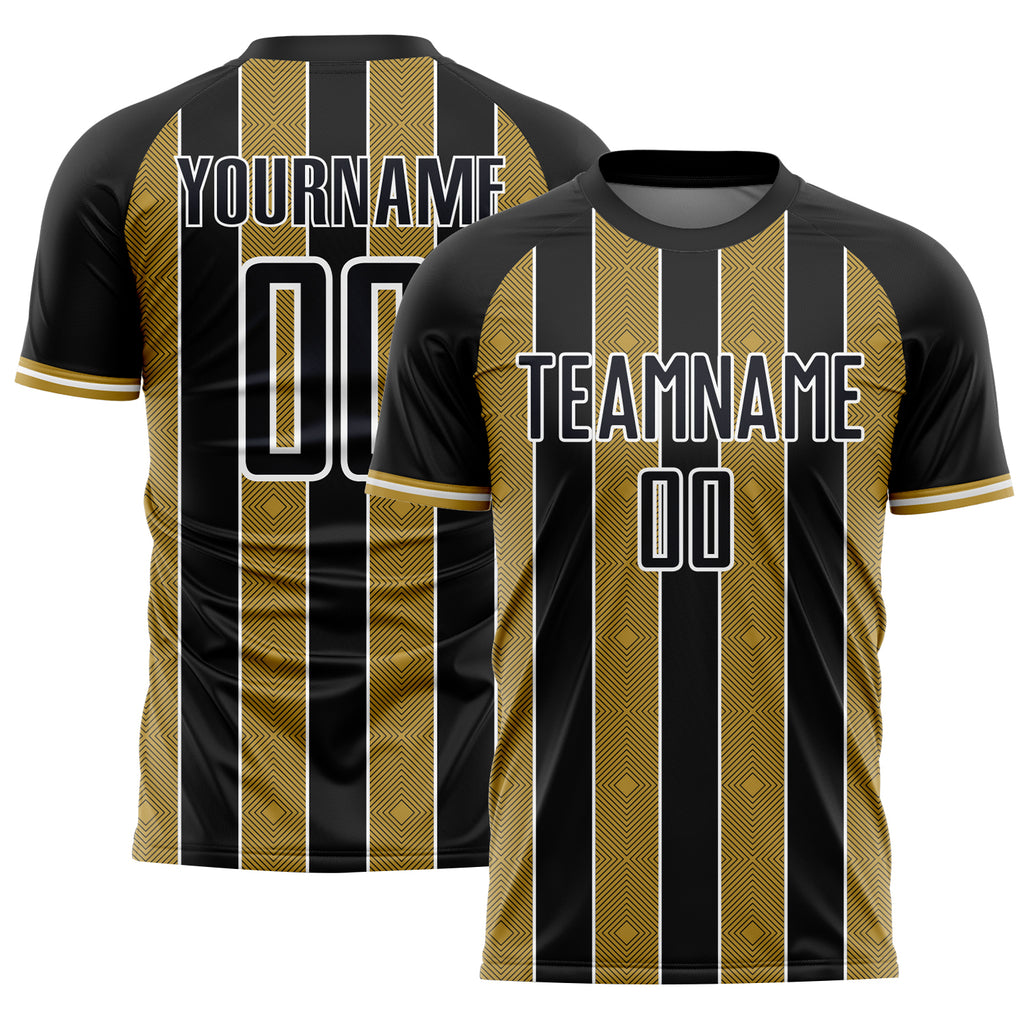 Custom Black Old Gold-White Pinstripe Line Sports Sublimation Soccer Uniform Jersey