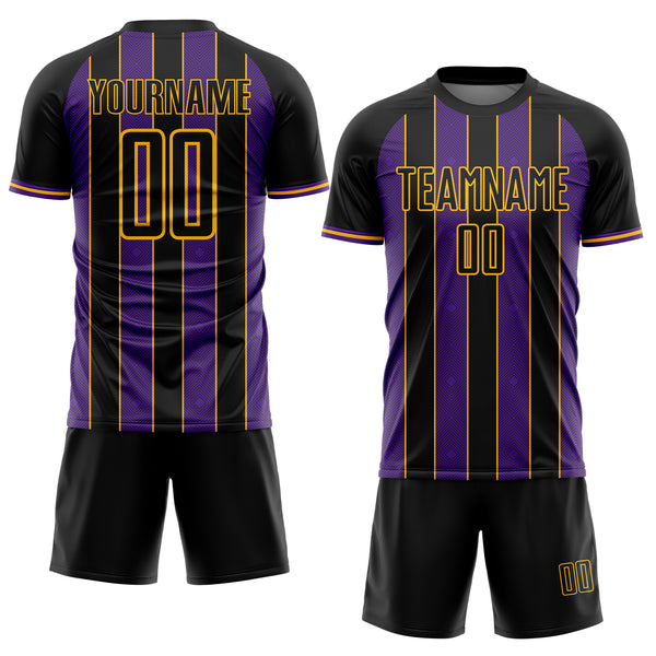 Custom Black Purple-Gold Pinstripe Line Sports Sublimation Soccer Uniform Jersey