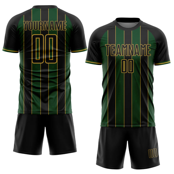 Custom Black Green-Old Gold Pinstripe Line Sports Sublimation Soccer Uniform Jersey